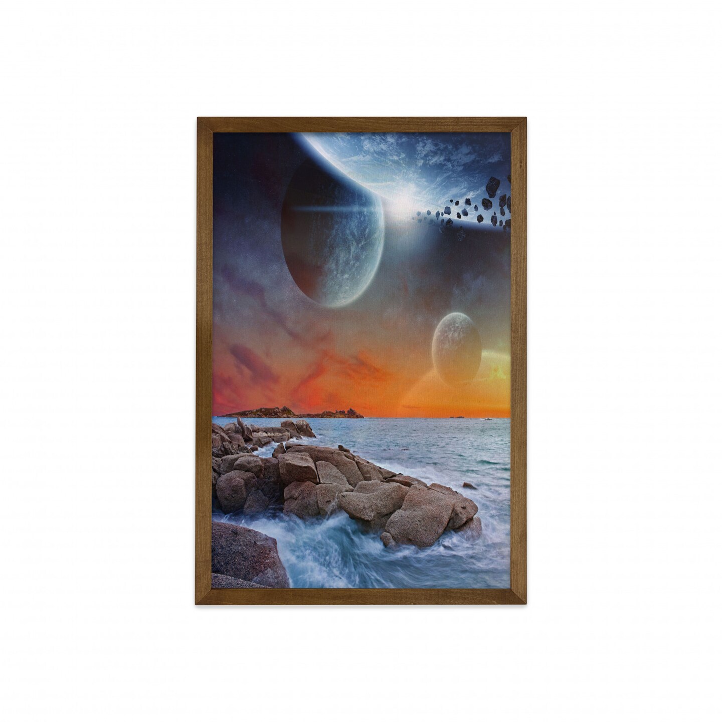 Ambesonne Galaxy Framed Wall Art, Planet Landscape View from a Rocky Beach Ocean Science Room Theme, Fabric Decor with Teak Tone Wood Frame Home &#x26; Dorm Decor, 23&#x22; x 35&#x22;, Orange Umber Blue