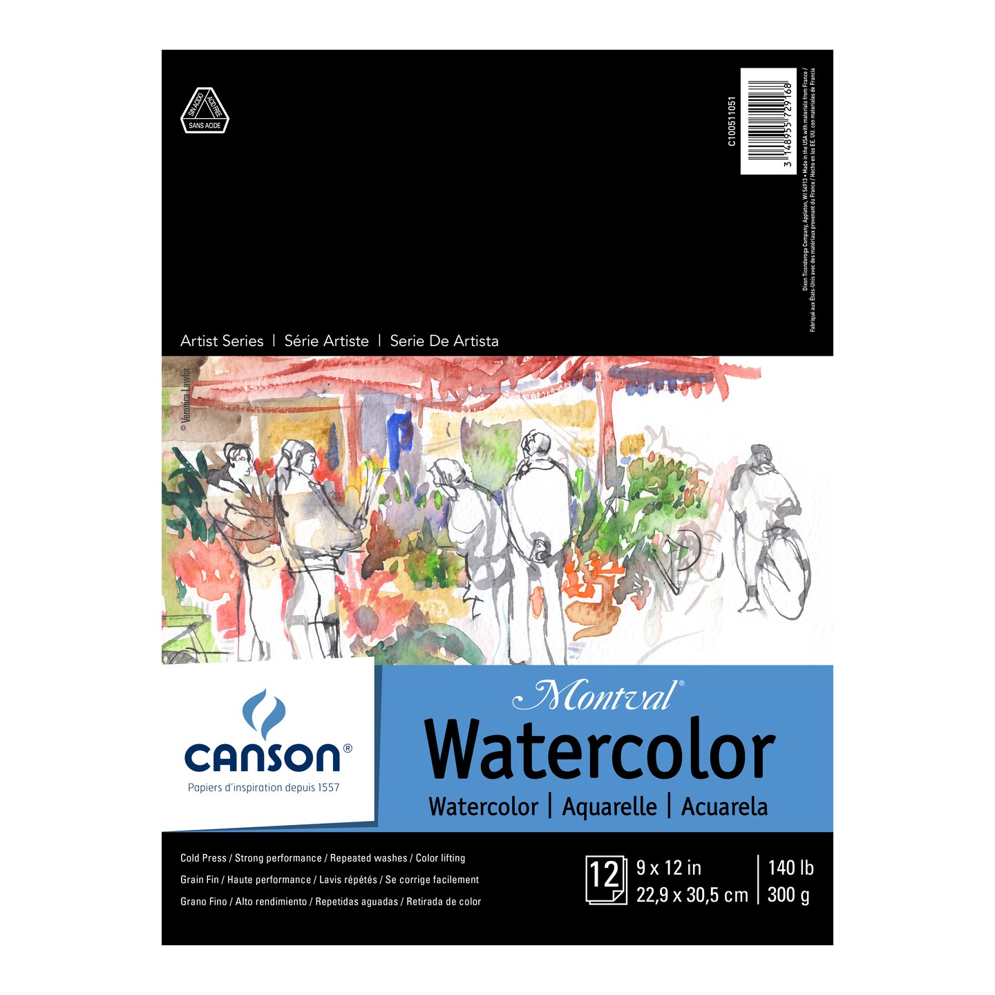 Canson - Artist Series Montval Watercolor Block, Field Sketch Book &#x26; Pad - Tape-Bound Pad (12 Sheet) - 9&#x22; x 12&#x22;