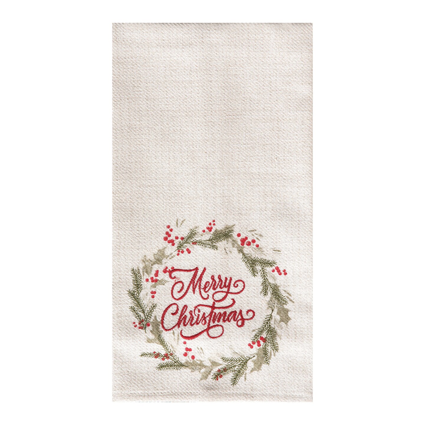27&#x22; x 18&#x22; &#x22;Merry Christmas&#x22; Sentiment Holly Berry Winter Wreath Holiday Embellished Flour Sack Kitchen Dish Towel Decor