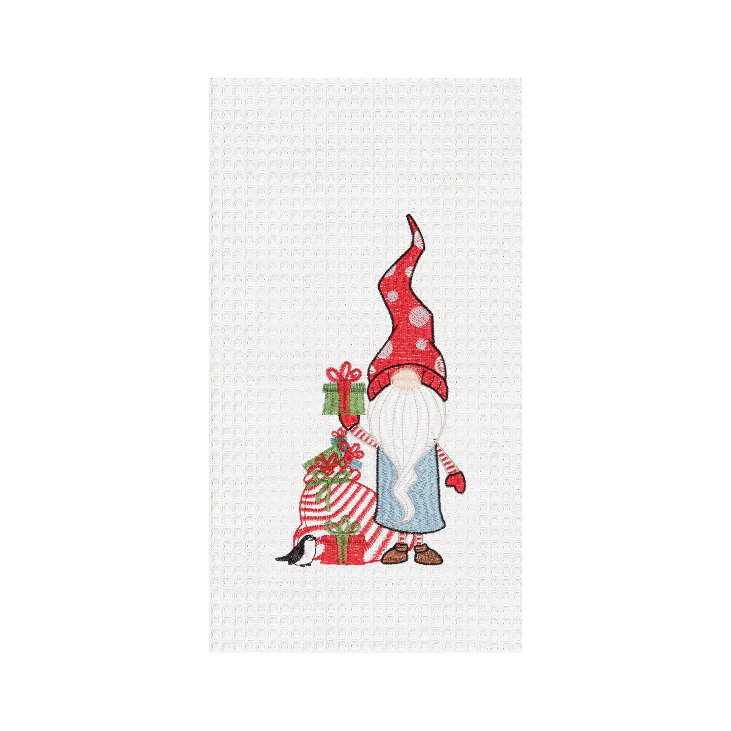 27&#x22; x 18&#x22; Christmas Holiday Gnome with Presents Gifts Embroidered &#x26; Waffle Weave Cotton Kitchen Dish Towel