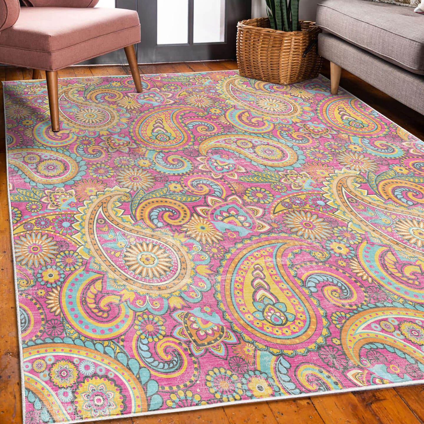 Ambesonne Paisley Decorative Rug, Mandala Florals Based on Traditional Eastern Oriental Pastel Color Graphic Design, Quality Carpet for Bedroom Dorm and Living Room, Multicolor