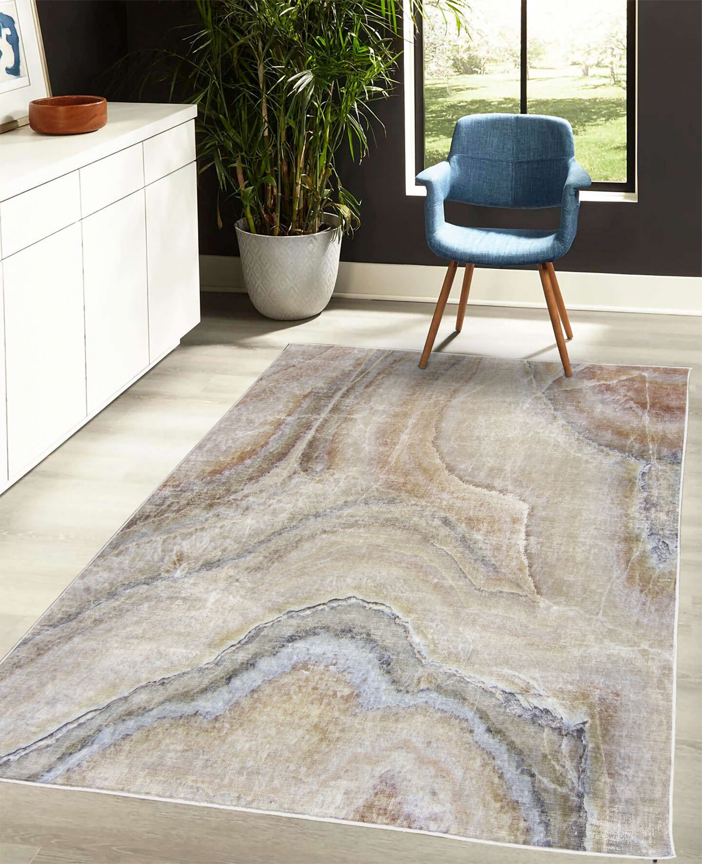 Ambesonne Marble Print Decorative Rug, Surreal Onyx Stone Surface Pattern Pale Blue Details Picturesque Art, Quality Carpet for Bedroom Dorm and Living Room, Cinnamon Beige Tan
