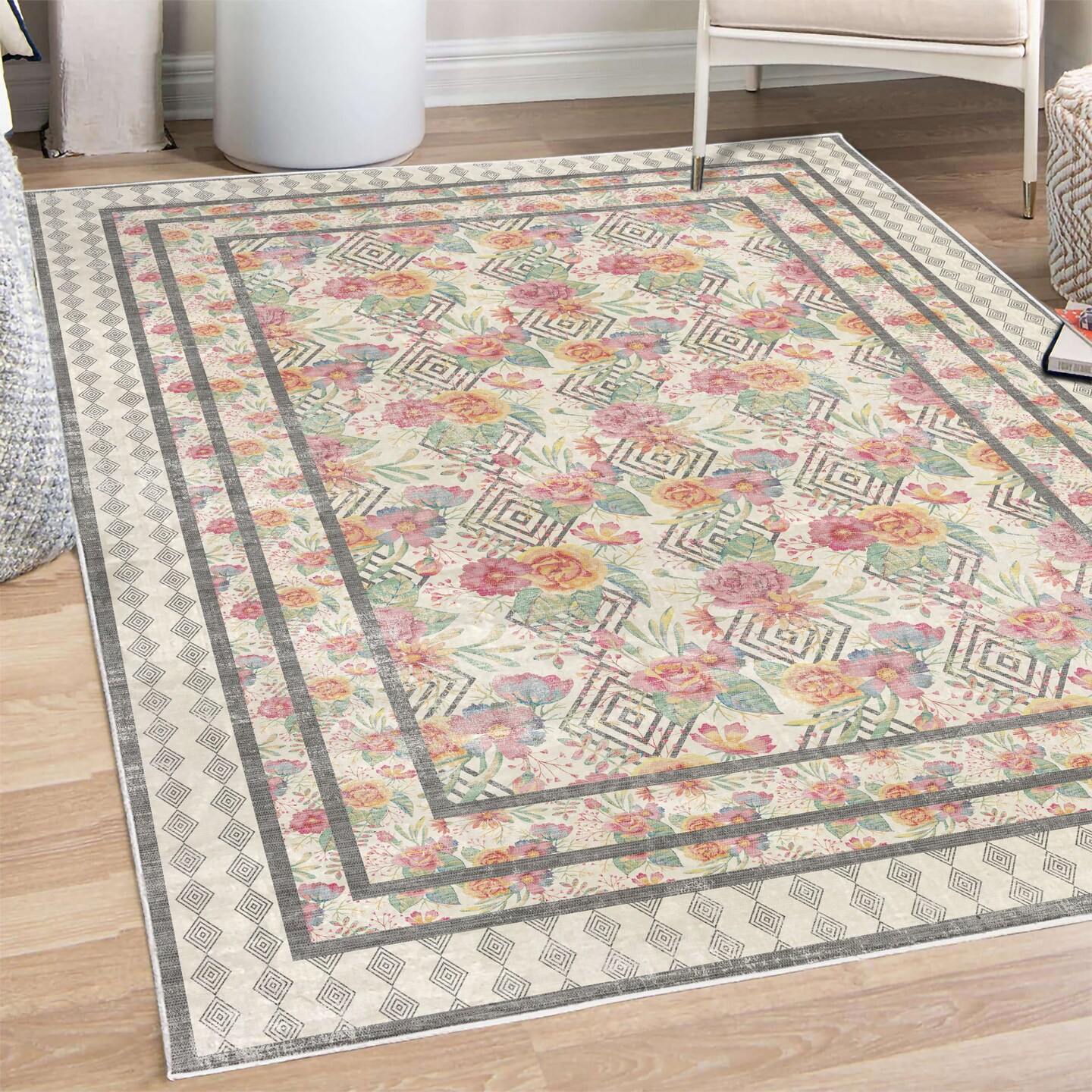 Ambesonne Modern Decorative Rug, Tropical Look Wild Roses and Geometric Rhombuses Floral Concept Artwork, Quality Carpet for Bedroom Dorm and Living Room, Grey and Multicolor