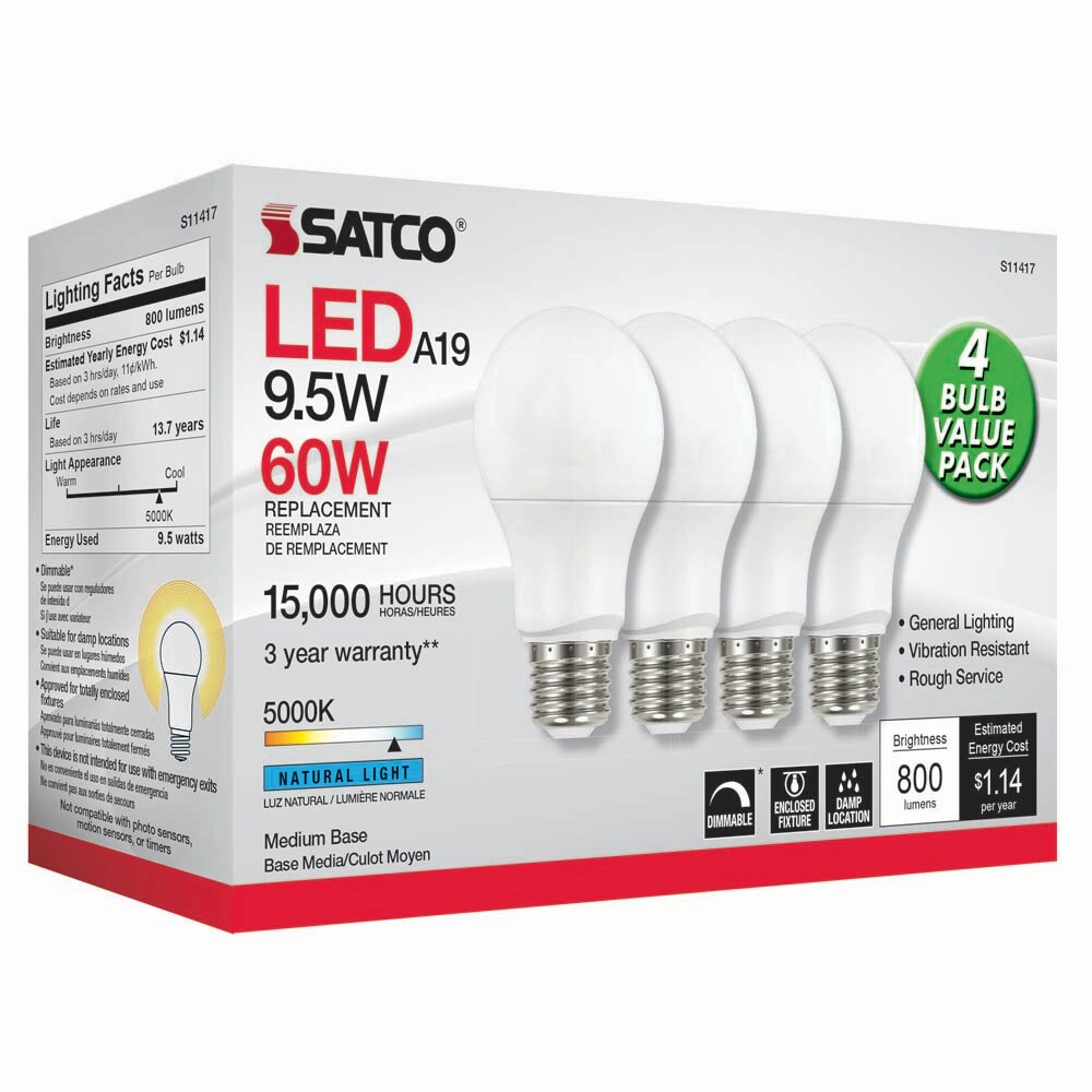 4Pk - Satco 9.5w 120v A19 LED Bulb E26 Base 5000k Natural Light - 60w-equiv