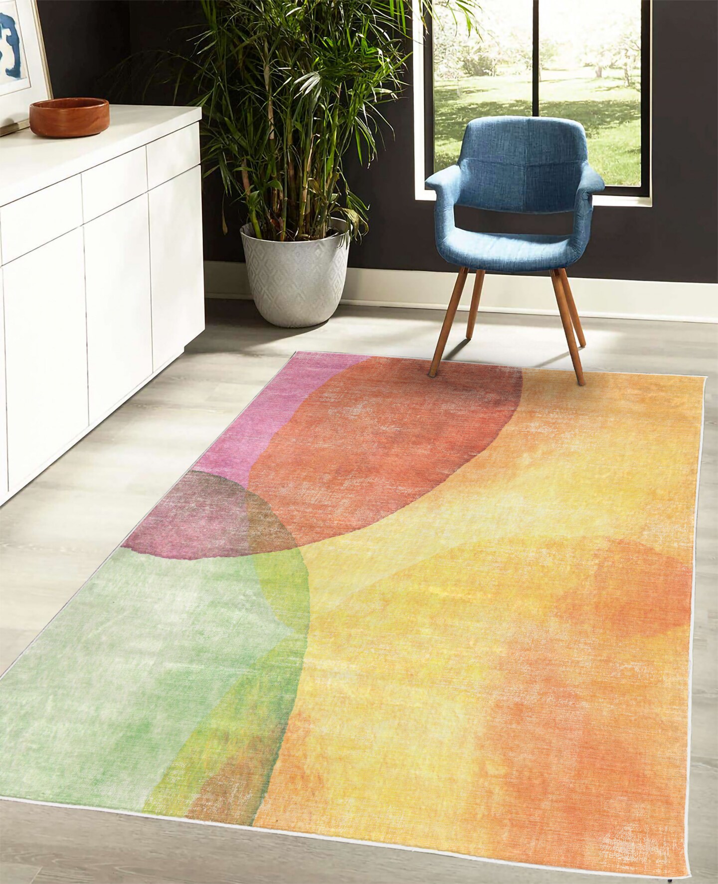 Ambesonne Abstract Decorative Rug, Abstract Watercolor Painted Paper Style in Modern Art Design Print, Quality Carpet for Bedroom Dorm and Living Room, Yellow Lime Green Orange