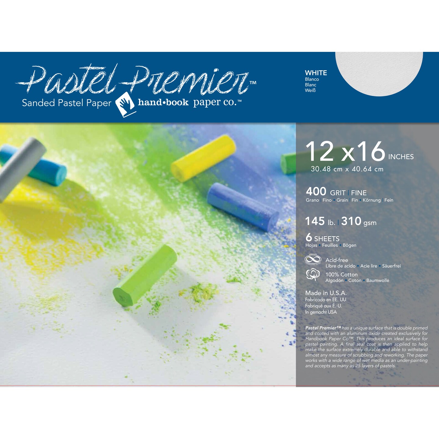 Global Art Pastel Premier Sanded Paper, 400 Grit, White, 12&#x22; X 16&#x22;, 6