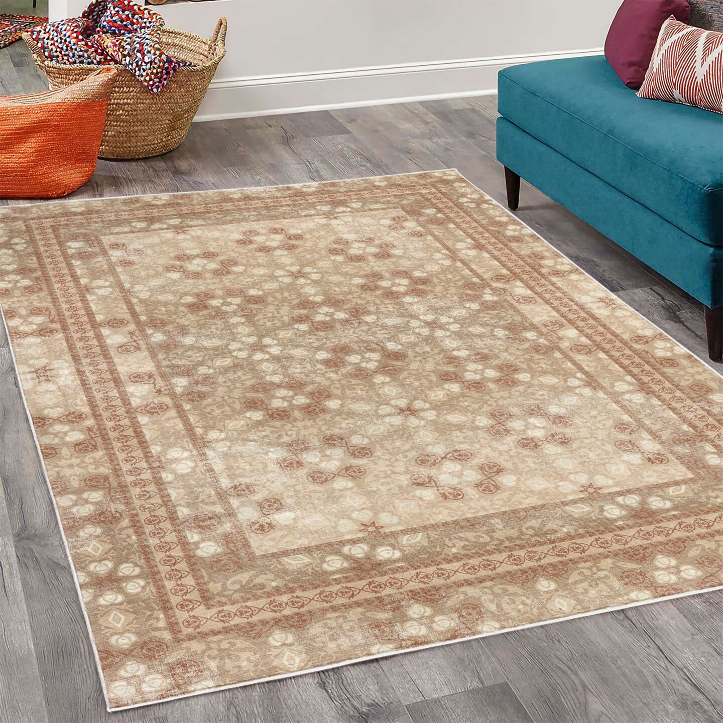 Ambesonne Vintage Decorative Rug, Nostalgic Retro Floral Petals Pastel Look Damask Check Victorian Motif, Quality Carpet for Bedroom Dorm and Living Room, Pale Rust and Cocoa