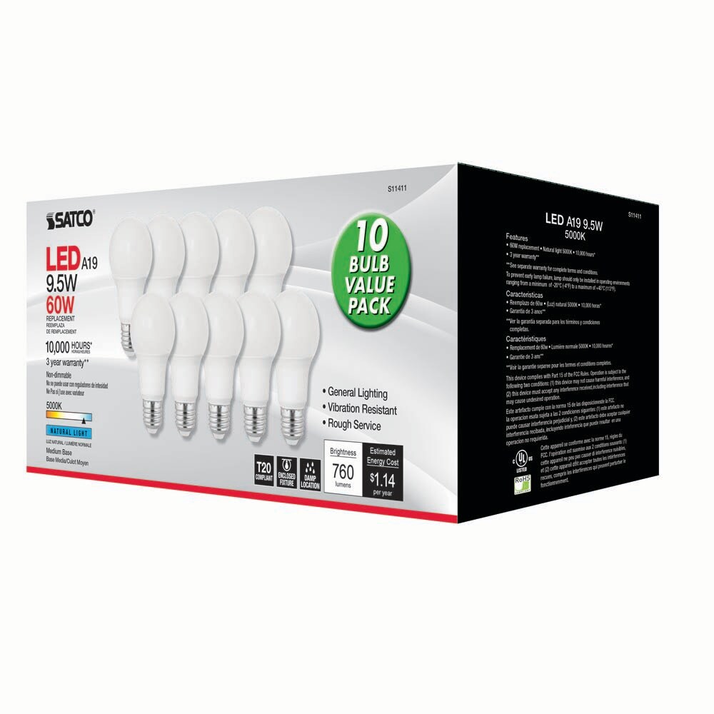 10Pk - Satco 9.5w 120v A19 LED Bulb Frosted E26 Medium Base 5000k - 60w-equiv