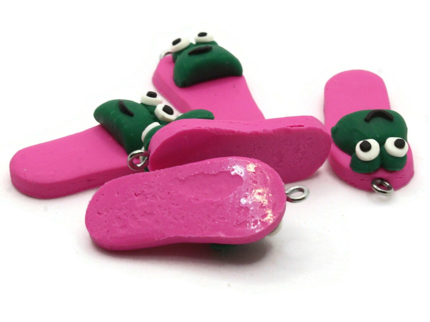 5 34mm Hot Pink And Green Frog Slipper Polymer Clay Miniature Charms