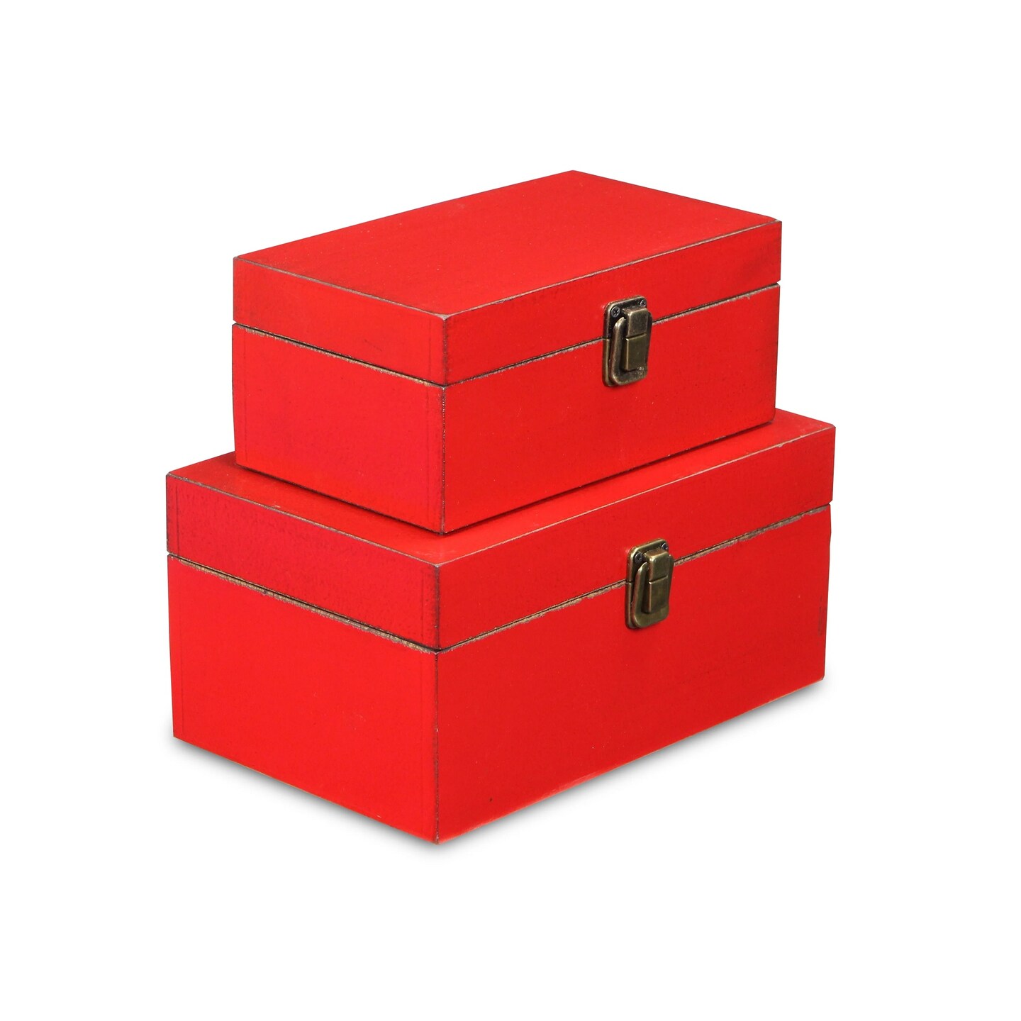 Contemporary Home Living Set of 2 Red Rectangular Wooden Treasure Decorative Boxes 10.25"