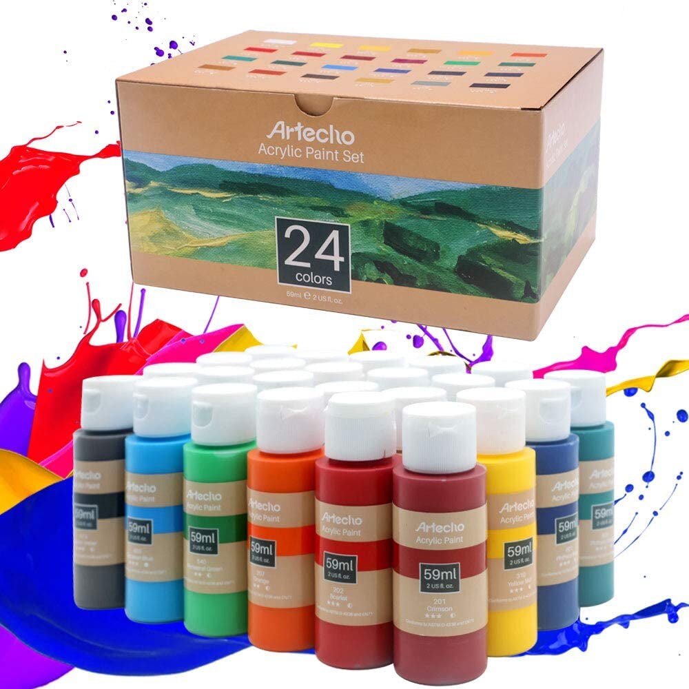 Acrylic Paint Set of 24 Colors 2fl oz 60ml Bottles with 3 Brushes,Non Toxic  24 Colors Acrylic Paint No Fading Rich Pigment for Kids Adults Artists  Canvas Crafts Wood Painting