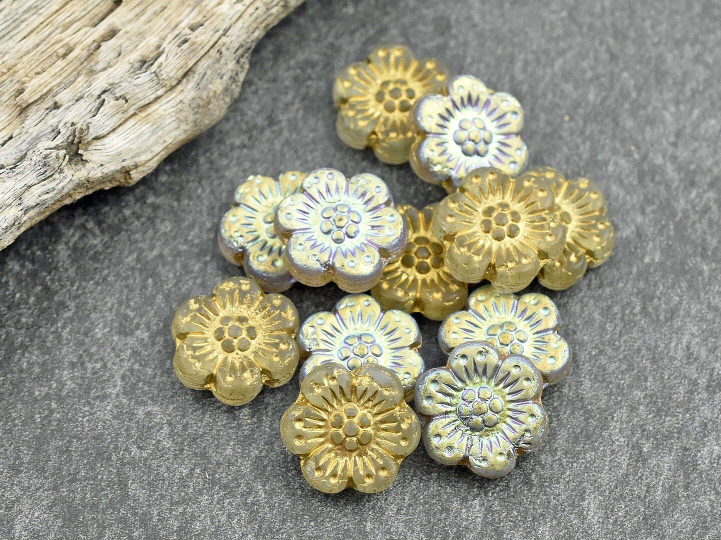 *12* 14mm 1/2 AB Gold Washed Matte Crystal Wildflower Beads