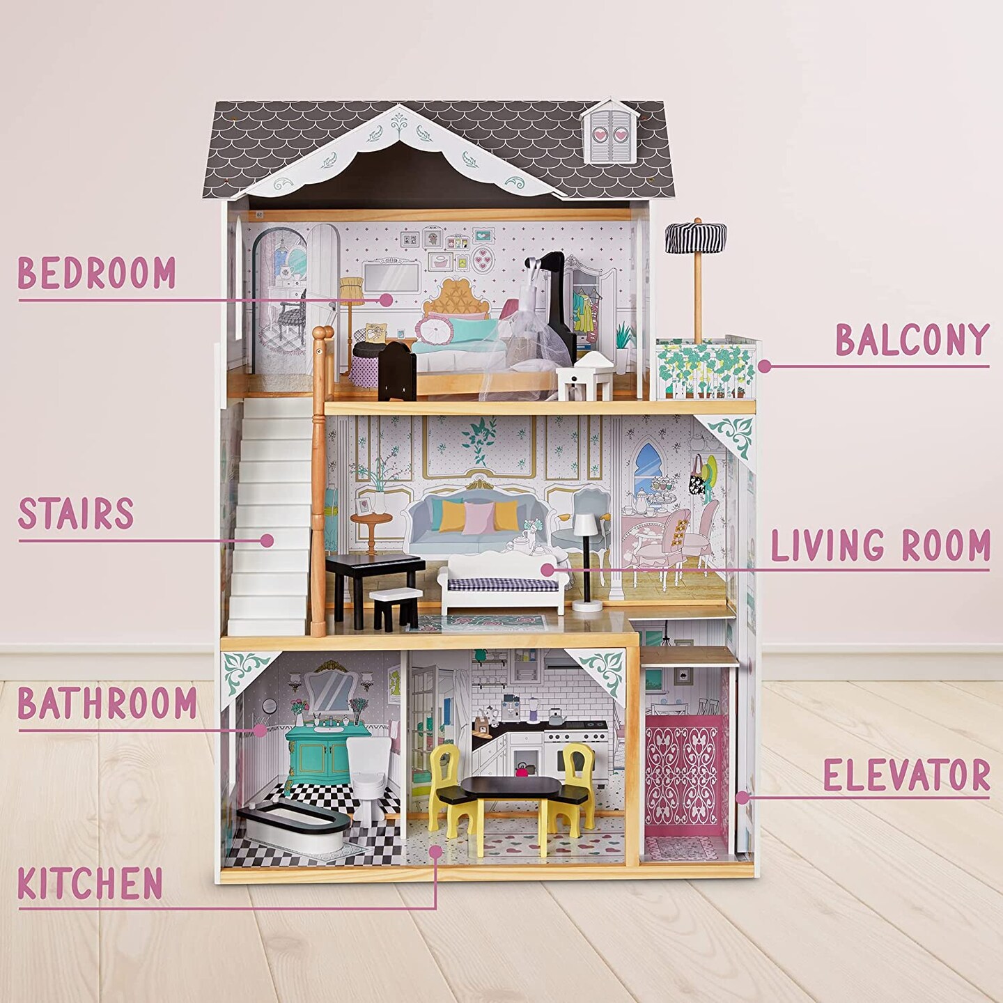 Lil&#x27; Jumbl 3-Floor Wooden Dollhouse with Elevator and 16-Piece