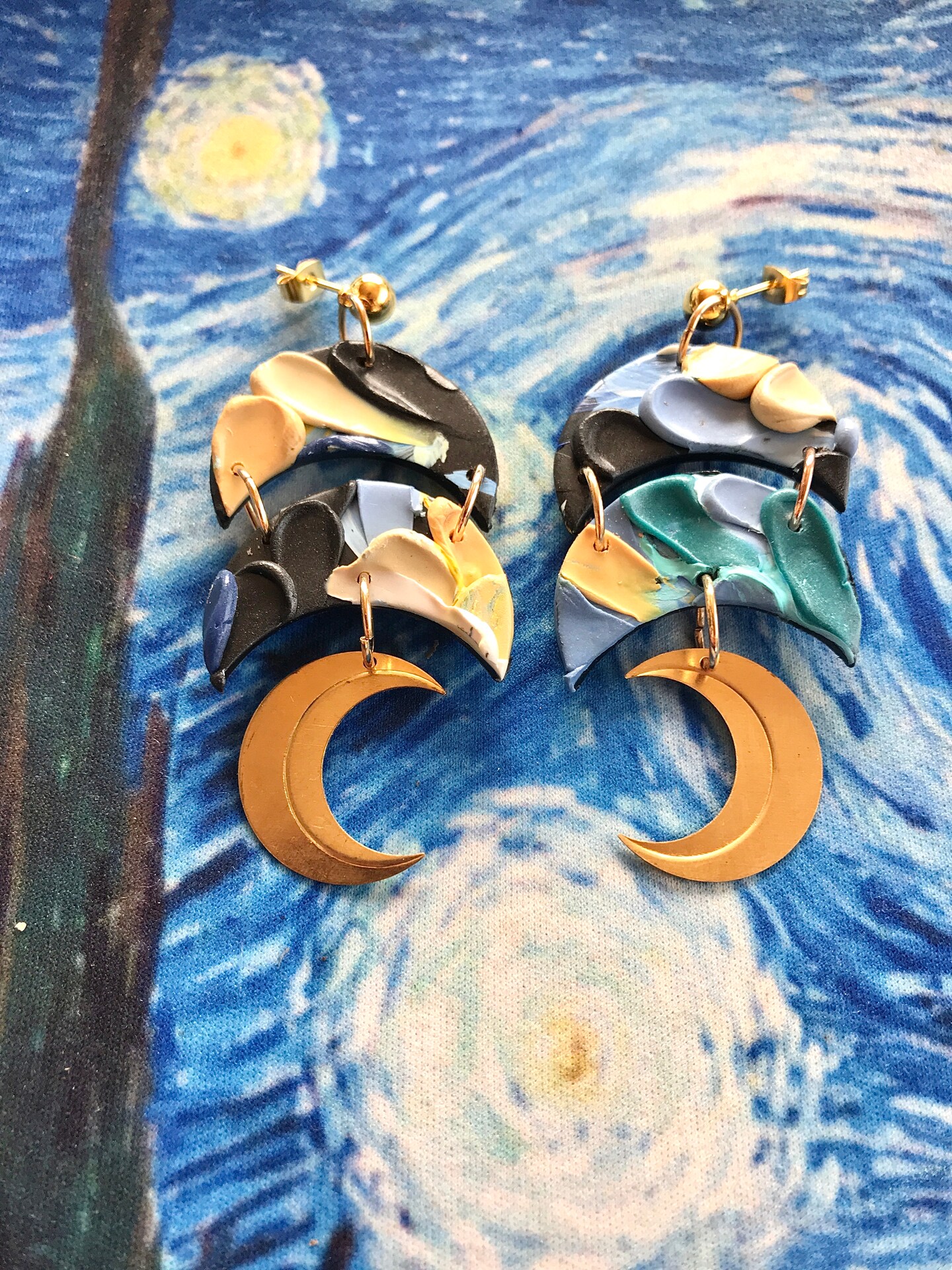 Copy-Starry Night Earrings, Vincent Van Gogh Impressionism Earring, Impasto Painting painted wearable art textured night sky moon paint earr