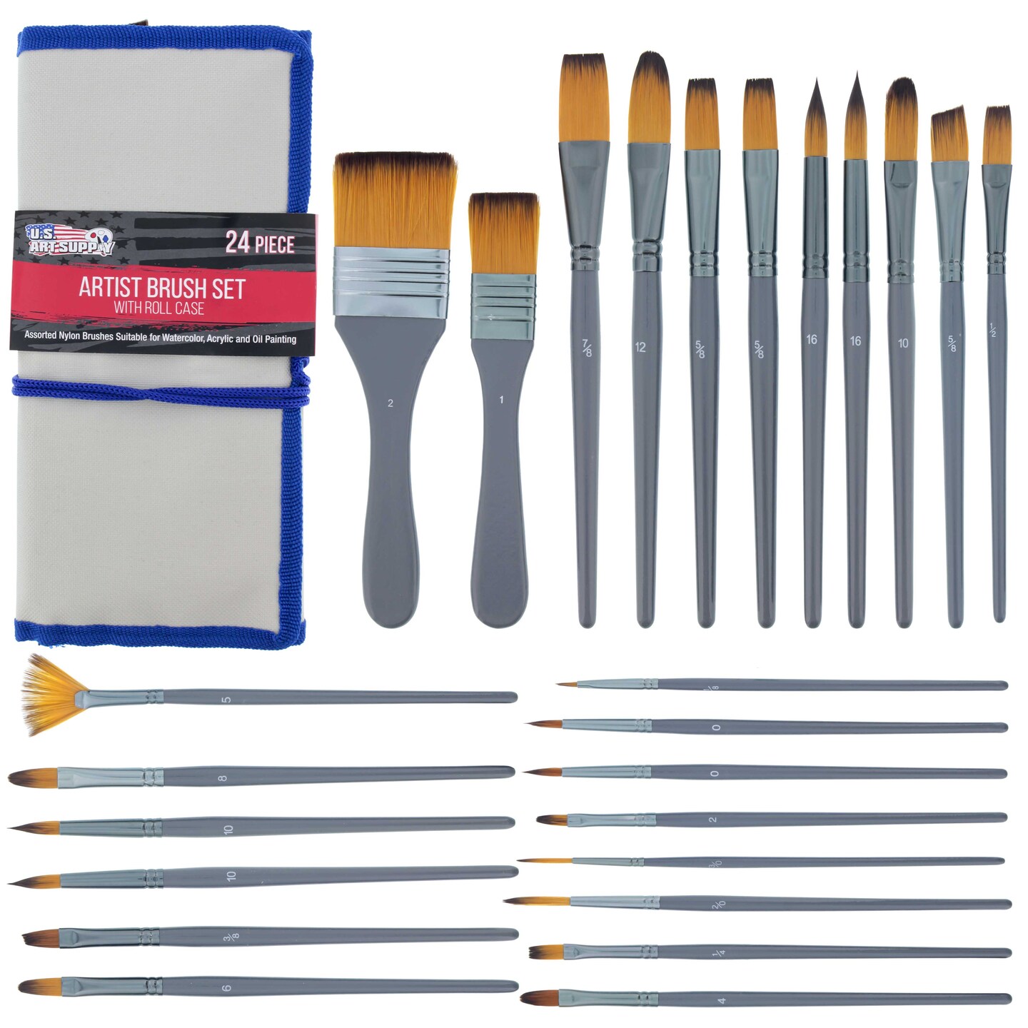 U.S. Art Supply 24Piece Artist Paint Brush Set, Professional Taklon
