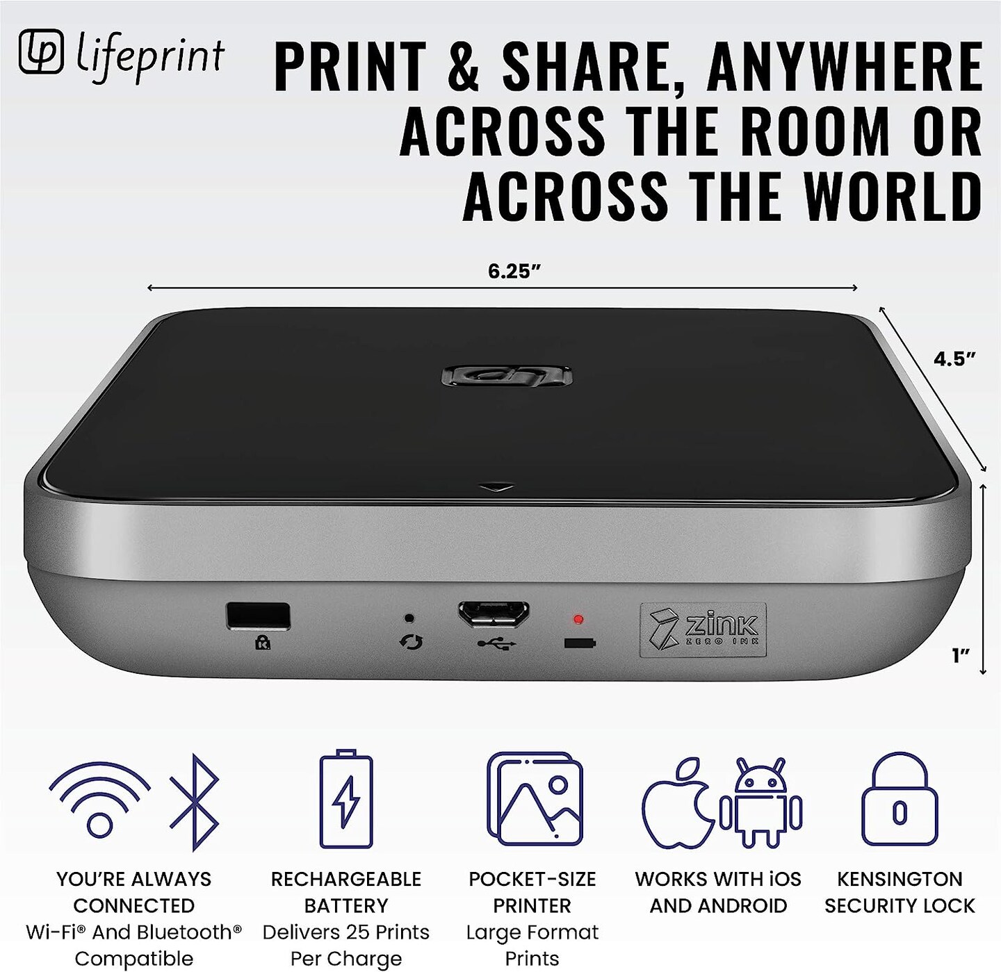 Lifeprint 3x4.5 Portable Photo and Video Printer, Portable Printer for iPhone and Android