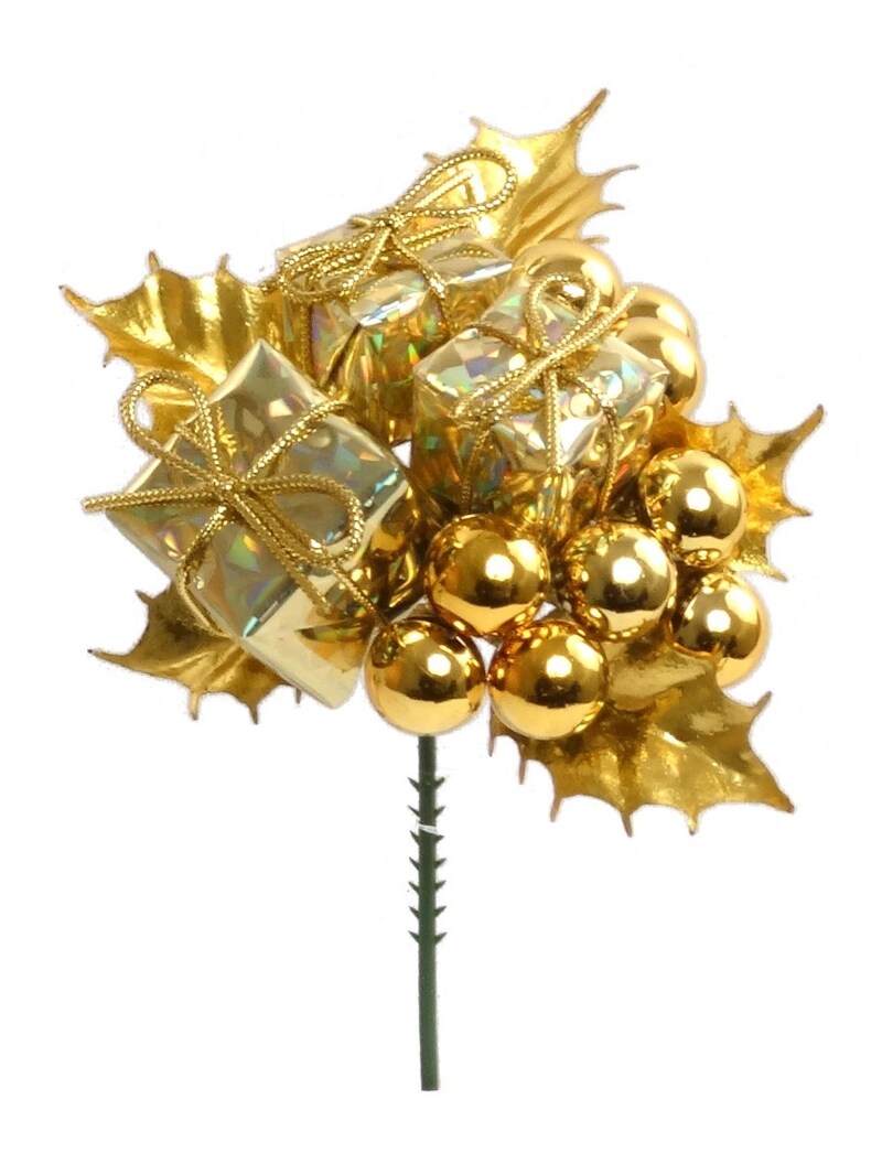 Gold Holly Pick w/ Boxes &#x26; Balls - Set of 6, Festive Holiday Accents, Christmas Decor for Wreaths &#x26; Arrangements - Ideal for Home, Office - 2024 Christmas Collection, Floral Home by Artificial Flowers