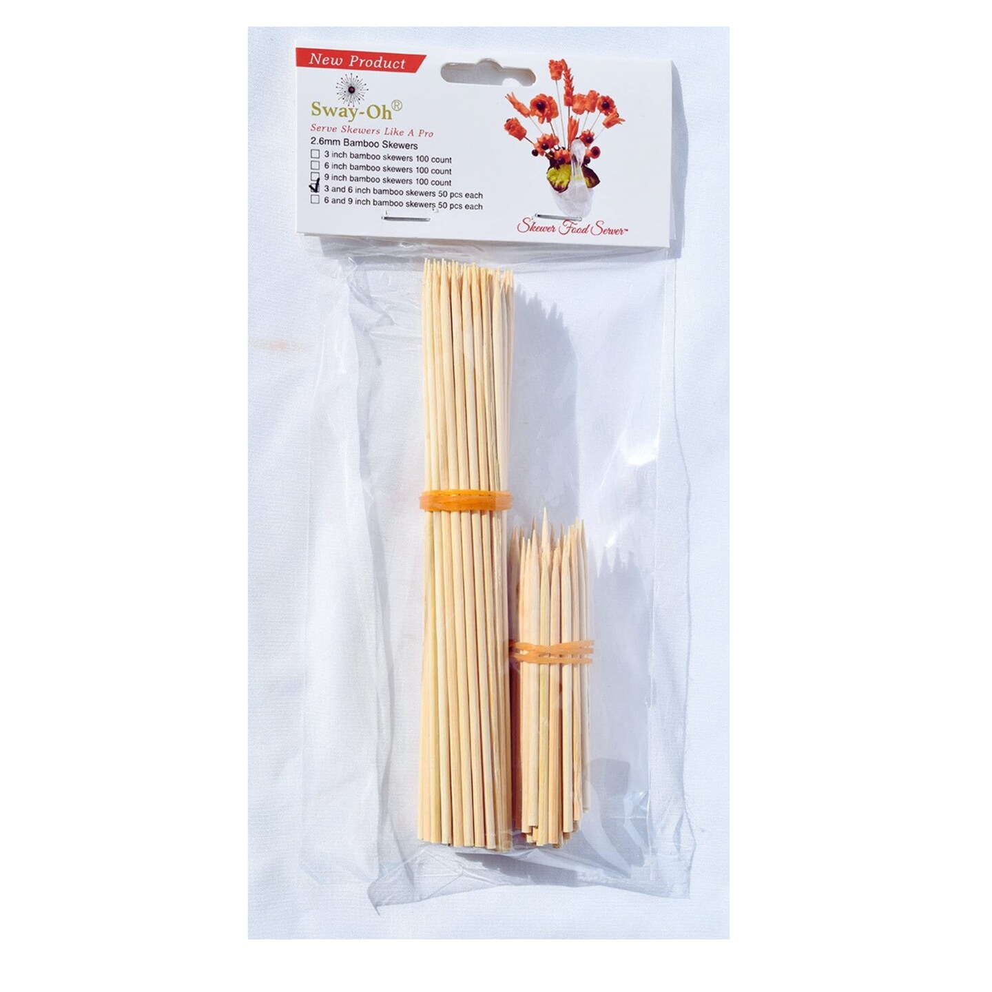 3&#x22; and 6&#x22; Natural Bamboo Skewers, 100 Count - &#xD8;=2.6mm. Natural Bamboo. Strong, durable, bamboo skewers to display bite-sized fruits, vegetables, meats, cheese, desserts, and other appetizers.