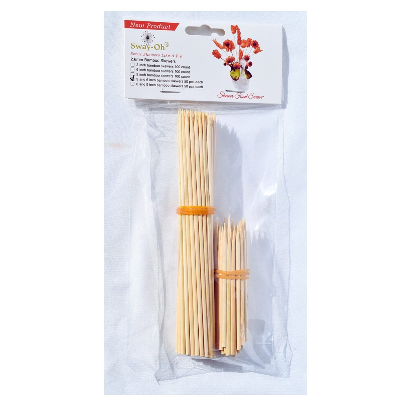 3" and 6" Natural Bamboo Skewers, 100 Count - Ø=2.6mm. Natural Bamboo. Strong, durable, bamboo skewers to display bite-sized fruits, vegetables, meats, cheese, desserts, and other appetizers.