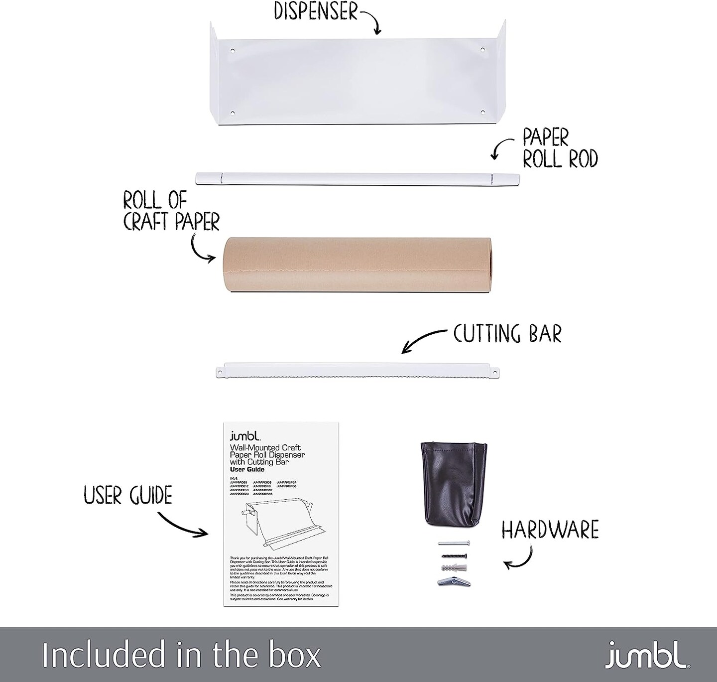 Jumbl Wall Mounted Kraft Paper Dispenser, Hanging Craft Paper Roll Holder with Paper Cutter (White)