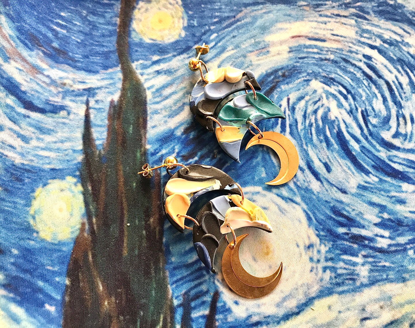 Copy-Starry Night Earrings, Vincent Van Gogh Impressionism Earring, Impasto Painting painted wearable art textured night sky moon paint earr