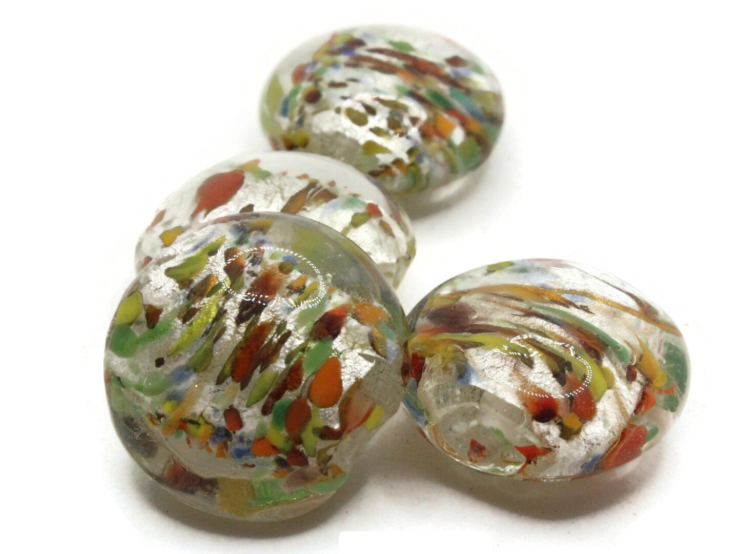 4 21mm Clear Speckled Coin Flat Round Lampwork Glass Beads