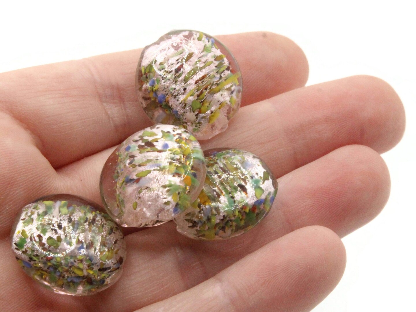 4 21mm Pink Speckled Coin Flat Round Lampwork Glass Beads
