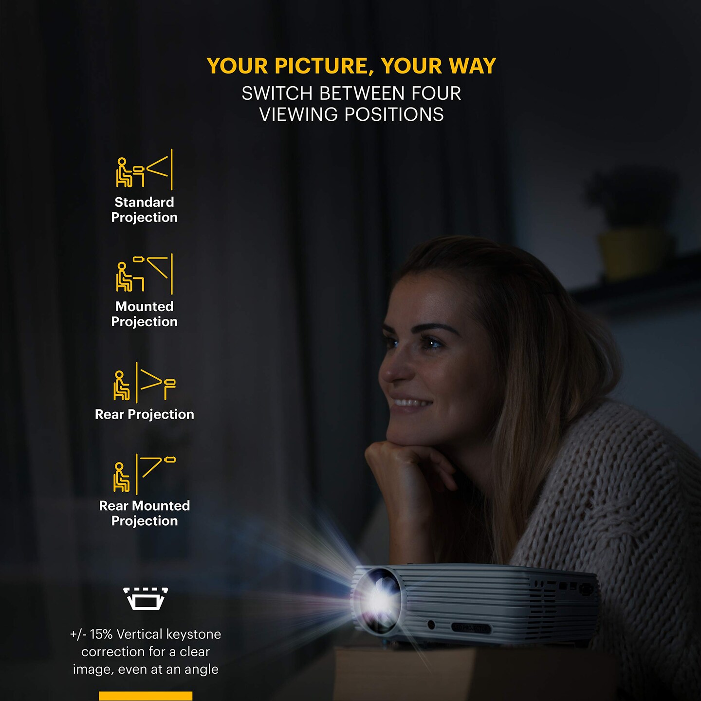 Kodak Flik X7 Home Projector, 720p Portable Projector (Max 1080p HD) with Tripod, &#x26; Case