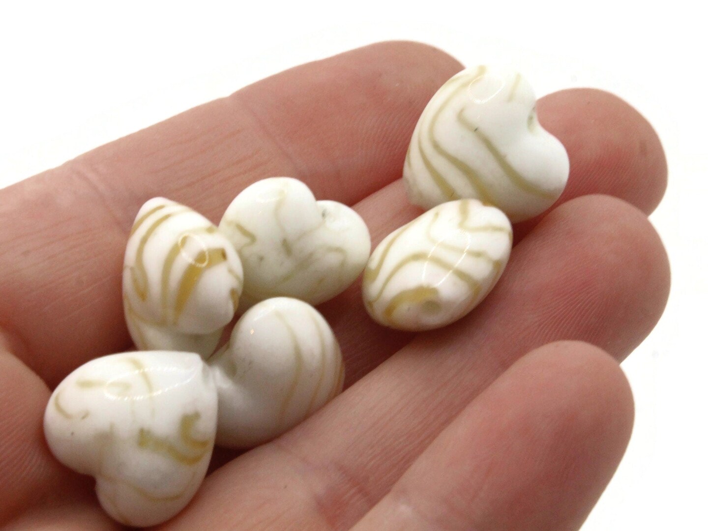 6 15mm White with Yellow Striped Lampwork Glass Heart Beads