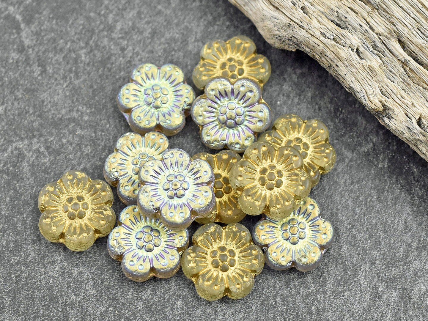 *12* 14mm 1/2 AB Gold Washed Matte Crystal Wildflower Beads