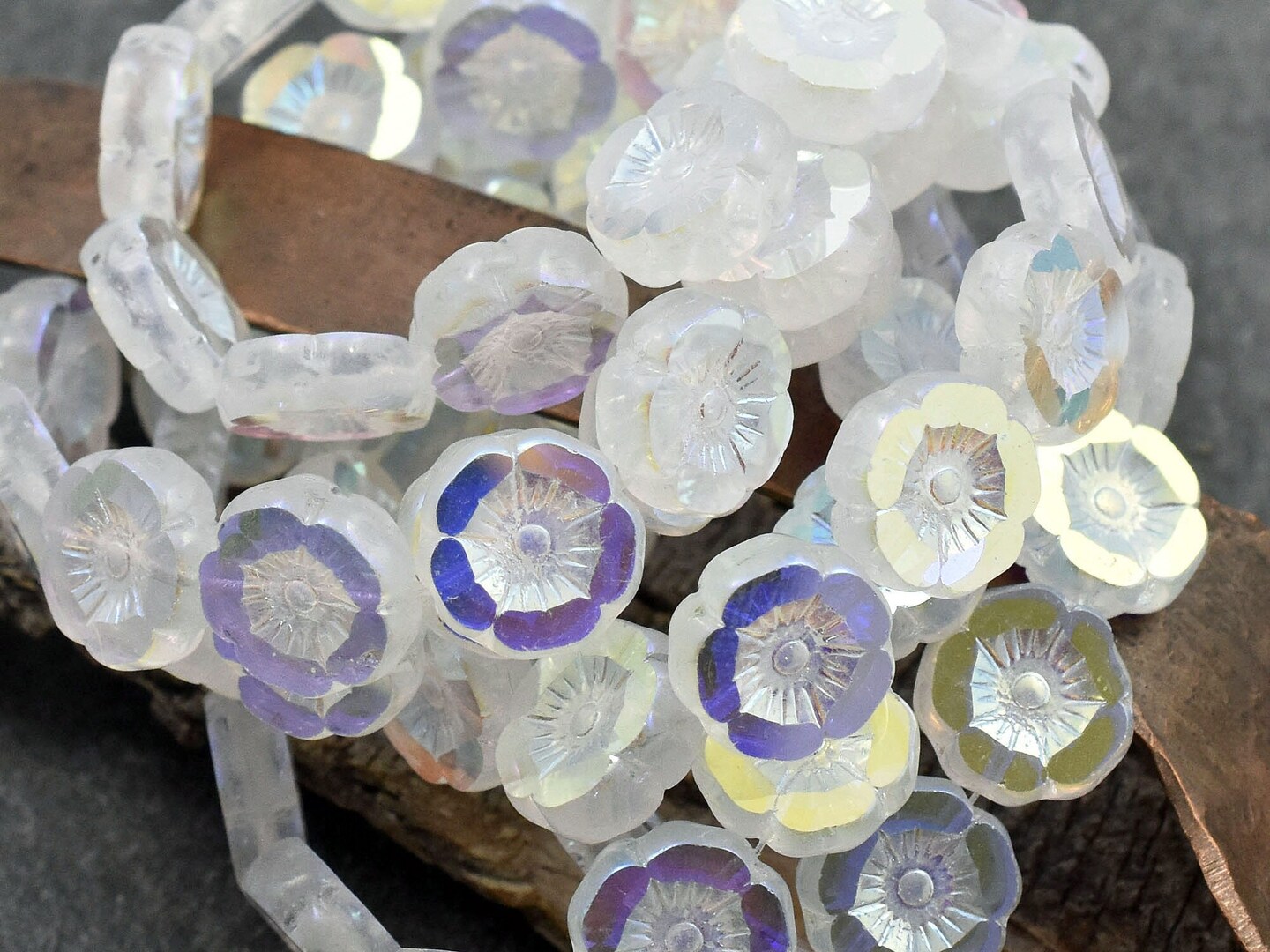 *12* 12mm White Crystal AB Table Cut Hawaiian Flower Beads