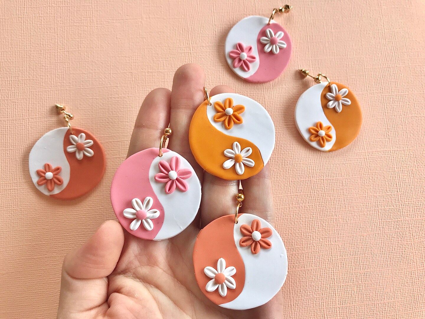 Yin Yang Earrings, Retro flower yin yang jewelry, burnt orange