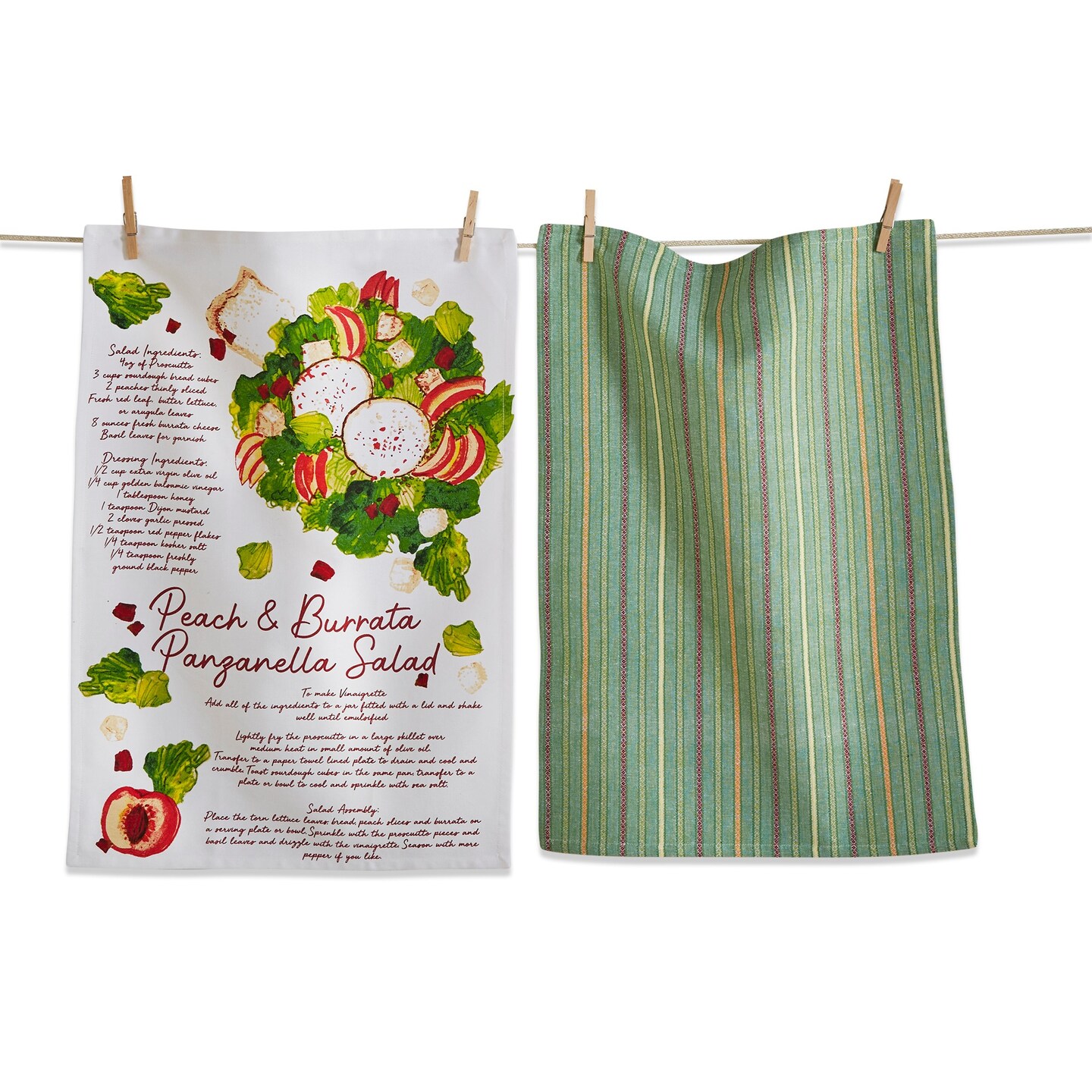 Set of 2 Panzella Salad Receipe with Coordinating Green Stripe Cotton   Kitchen Dishtowels 26L x 18W in.    Set In Crate for Gift Gicing