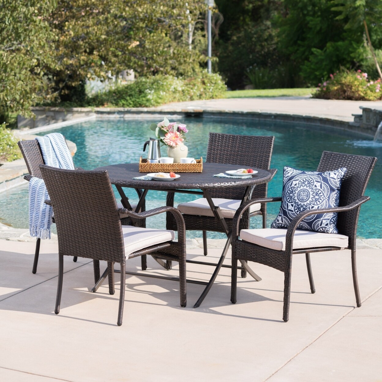 GDFStudio Toluca Outdoor 5 Piece Foldable Table and Stacking Chair Wicker Dining Set