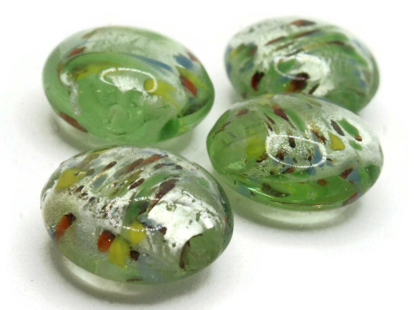 4 21mm Green Speckled Coin Flat Round Lampwork Glass Beads
