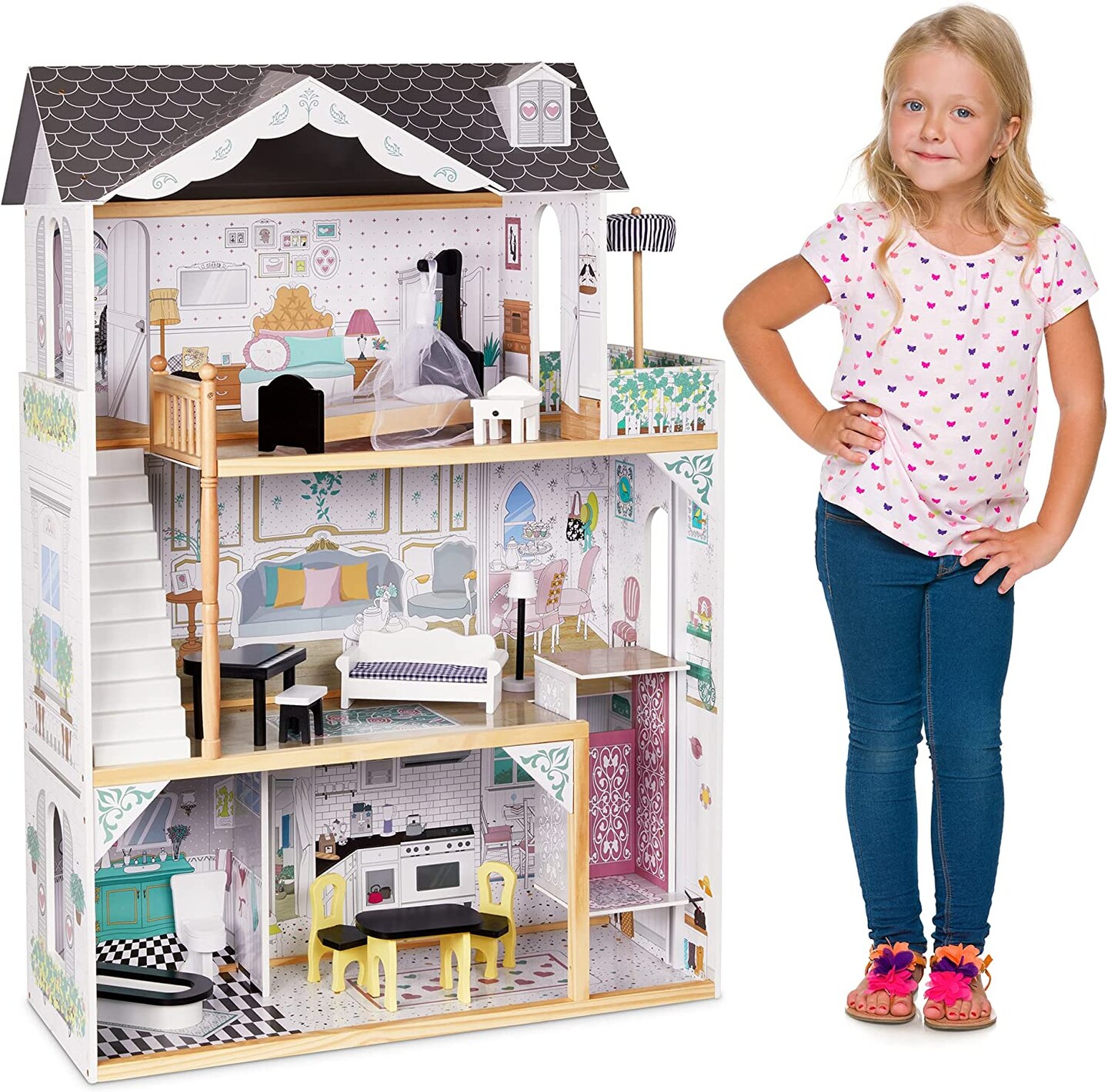 Lil&#x27; Jumbl 3-Floor Wooden Dollhouse with Elevator and 16-Piece