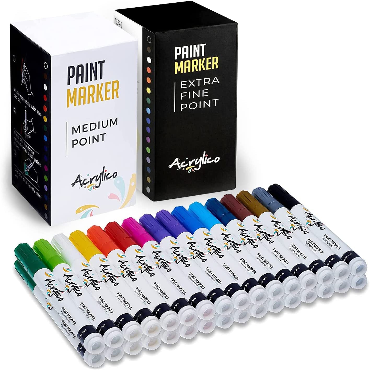 Acrylic Paint Pen Set of 32 - Extra Fine & Medium Tip Point with 8 Metallic  Markers - Rock, Glass, Wood & Fabric Painting Art Supplies, Adults & Kids  Arts Craft Kit