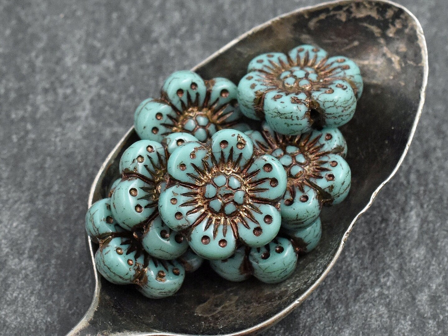 *12* 14mm Dark Bronze Washed Turquoise Wildflower Beads