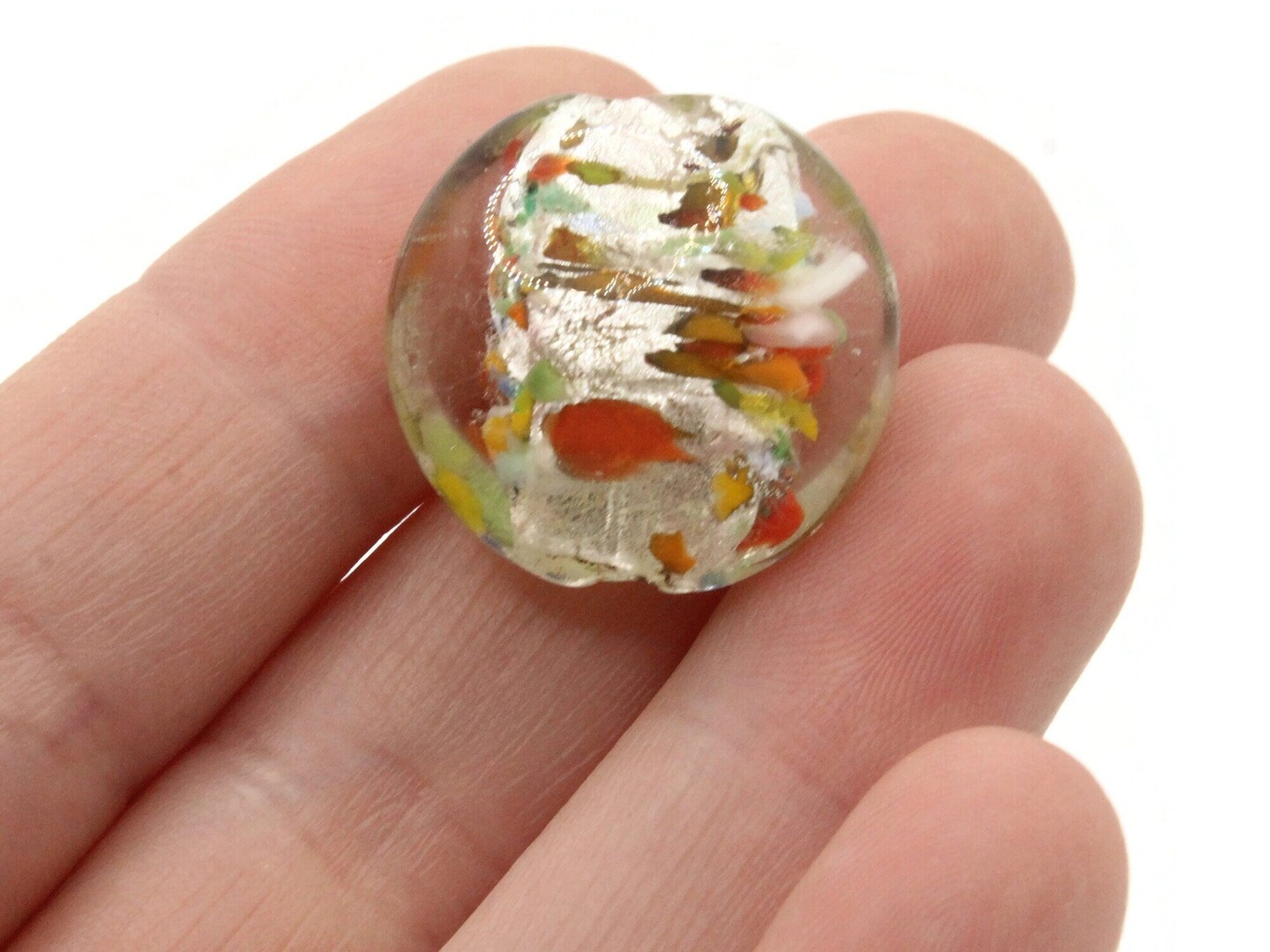 4 21mm Clear Speckled Coin Flat Round Lampwork Glass Beads