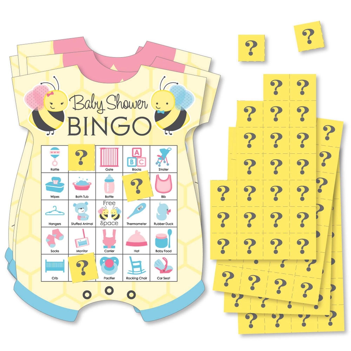 Big Dot of Happiness What Will it Bee - Picture Bingo Cards and Markers - Gender Reveal Shaped Bingo Game - Set of 18
