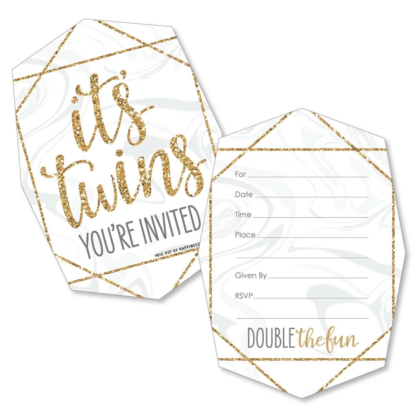 Big Dot of Happiness It's Twins - Shaped Fill-in Invitations - Gold Twins Baby Shower Invitation Cards with Envelopes - Set of 12