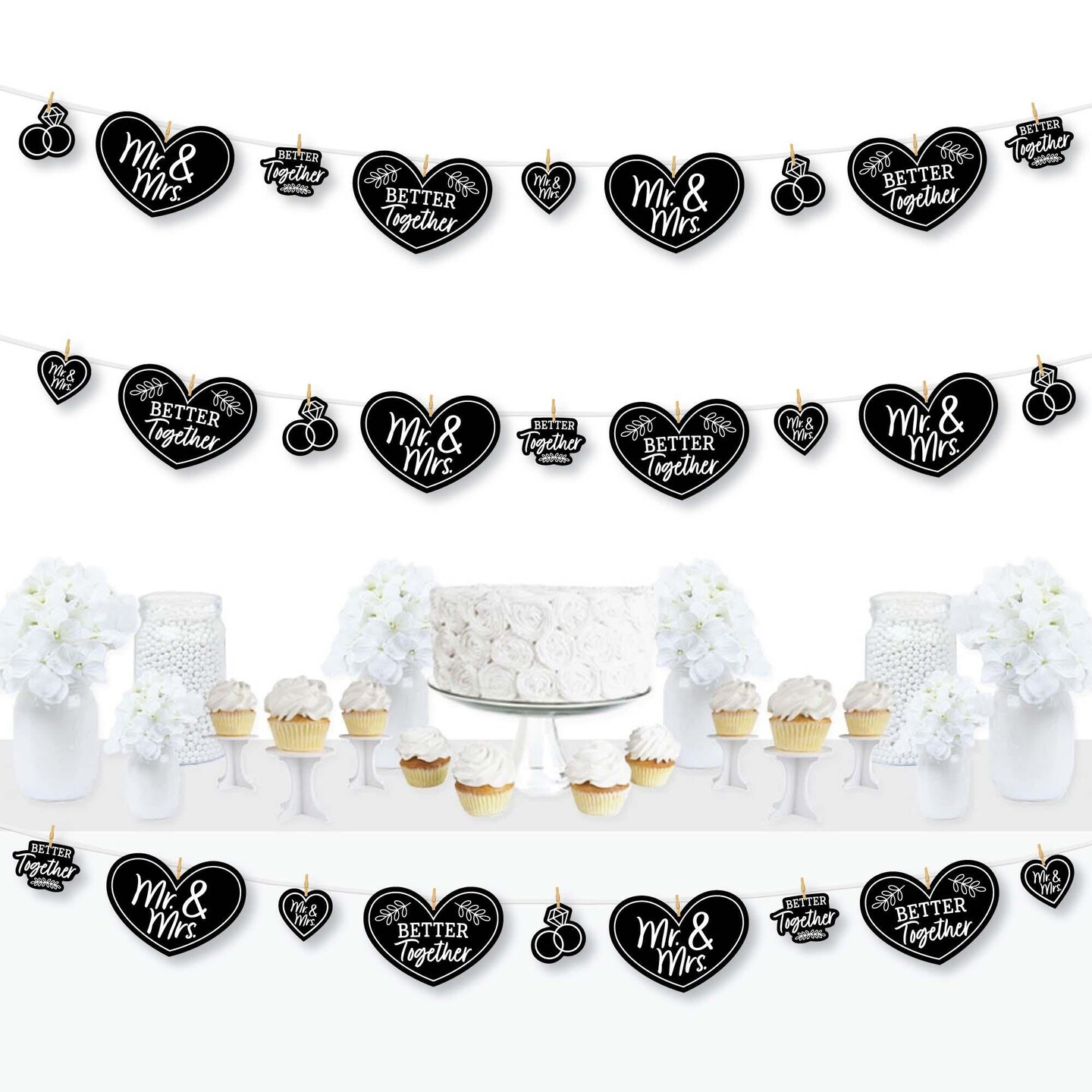 Big Dot of Happiness Mr. and Mrs. - Black and White Wedding or Bridal Shower DIY Decorations - Clothespin Garland Banner - 44 Pieces