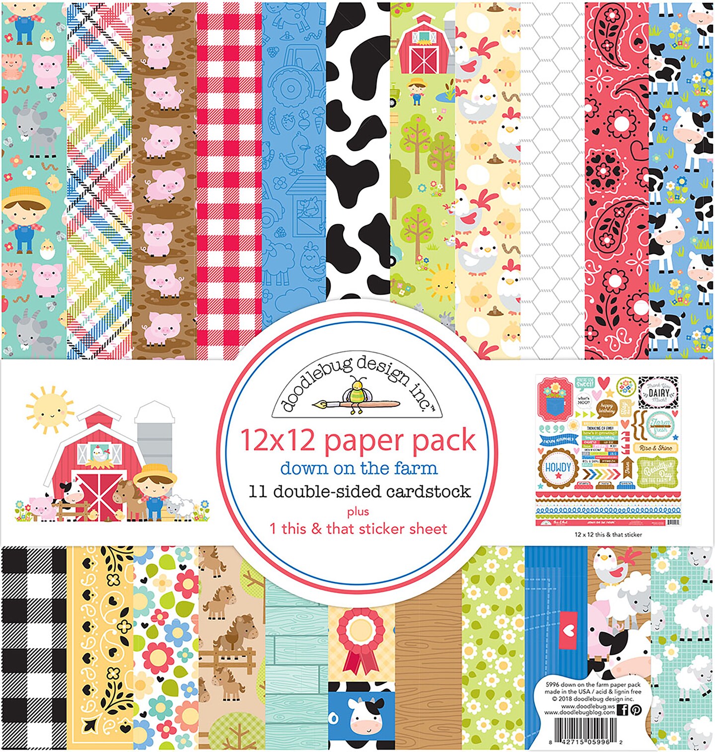 Doodlebug Double-Sided Paper Pack 12"X12" 12/Pkg-Down On The Farm
