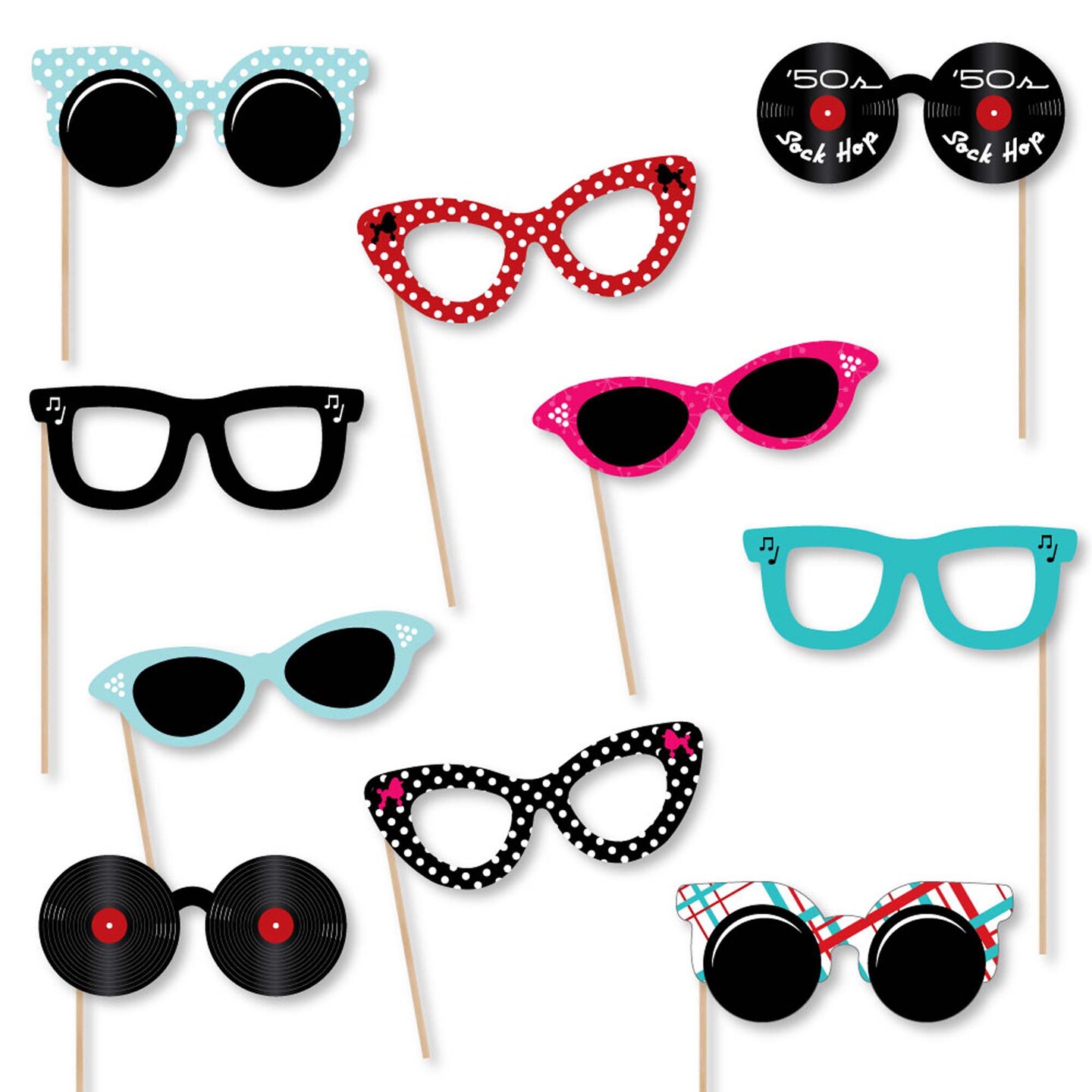 Big Dot of Happiness 50's Sock Hop Glasses - Paper Card Stock 1950s Rock N Roll Party Photo Booth Props Kit - 10 Count