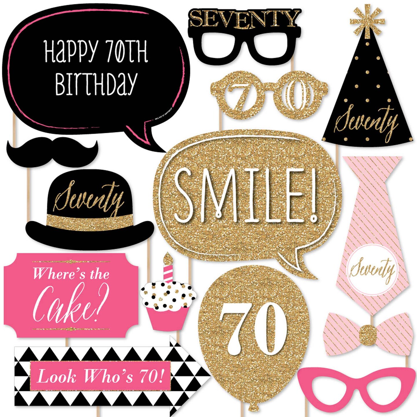 Big Dot of Happiness Chic 70th Birthday - Pink, Black and Gold - Photo Booth Props Kit - 20 Count