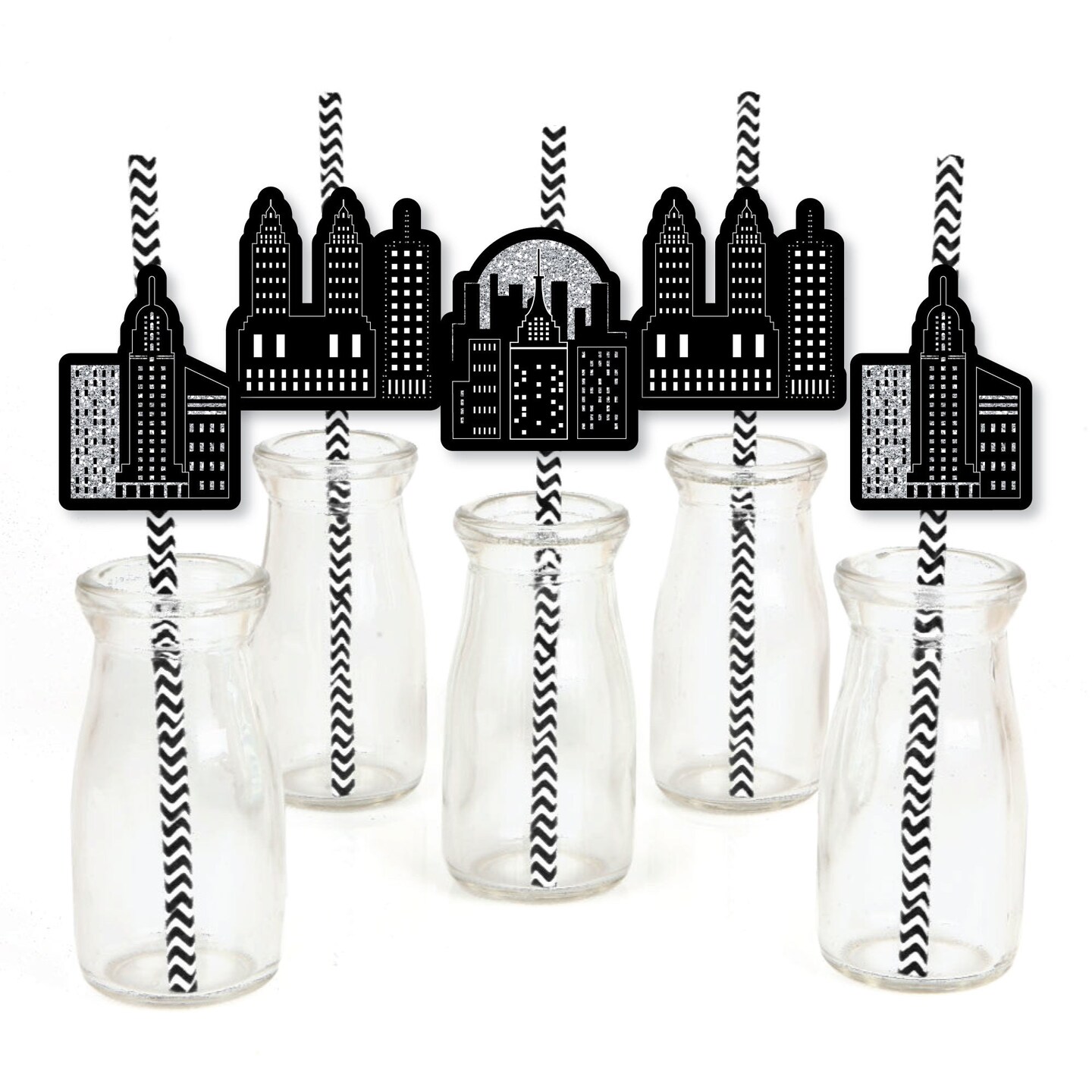 Big Dot of Happiness Nighttime City Skyline - Paper Straw Decor - New York Party Striped Decorative Straws - Set of 24