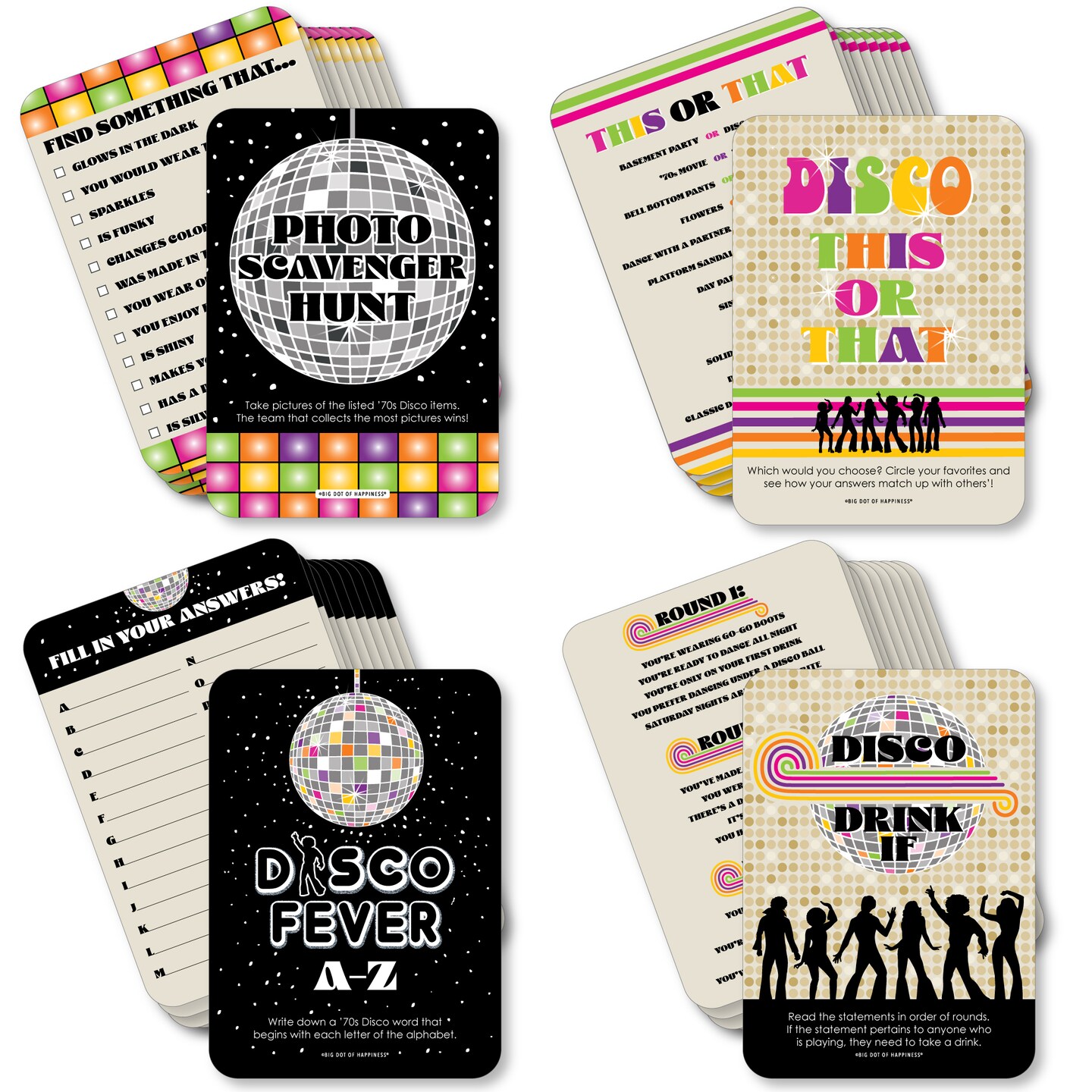 Big Dot of Happiness 70’s Disco - 4 1970s Disco Fever Party Games - 10 Cards Each - Gamerific Bundle