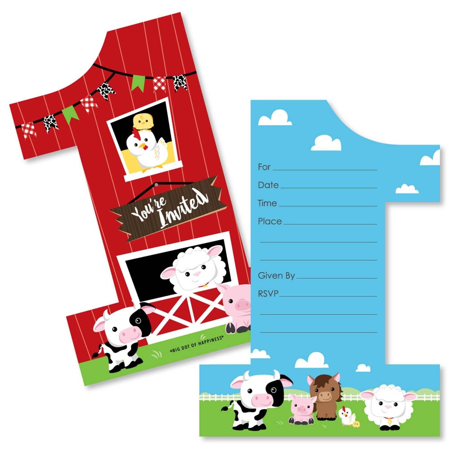 Big Dot of Happiness 1st Birthday Farm Animals - Shaped Fill-in Invites - Barnyard First Birthday Party Invitation Cards with Envelopes - Set of 12