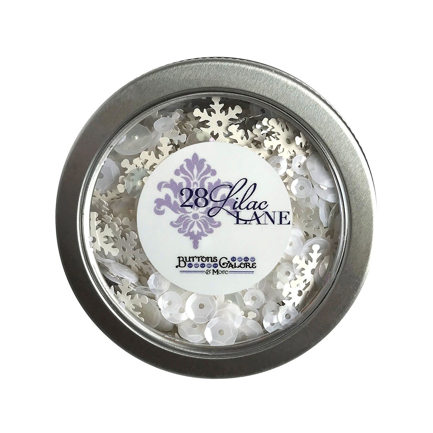 Buttons Galore 28 Lilac Lane Tin W/Sequins 20g-Blizzard Snowflake