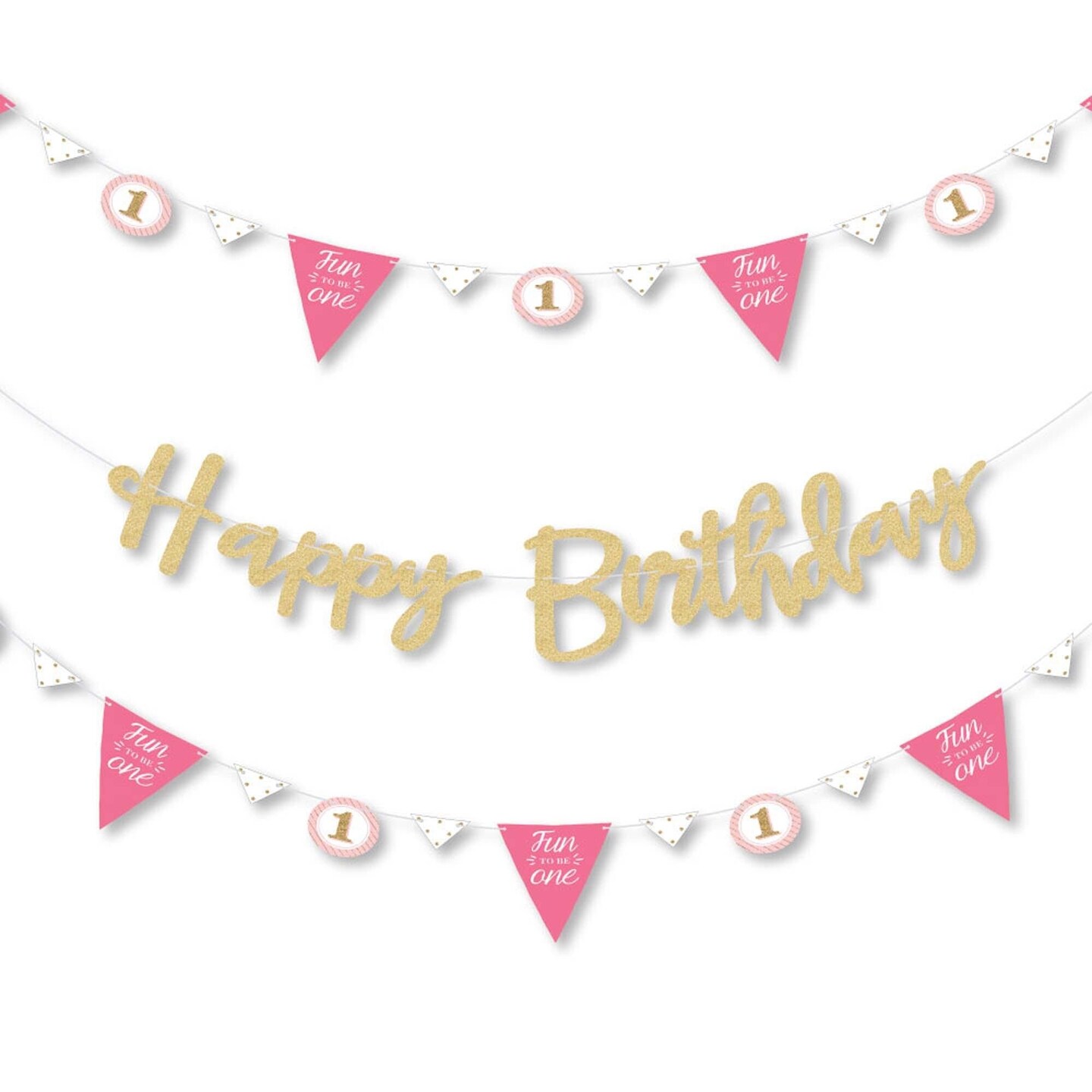 Big Dot of Happiness 1st Birthday Girl - Fun to be One - Party Letter Banner Decor - 36 Cutouts &#x26; No-Mess Real Gold Glitter Happy Birthday Letters